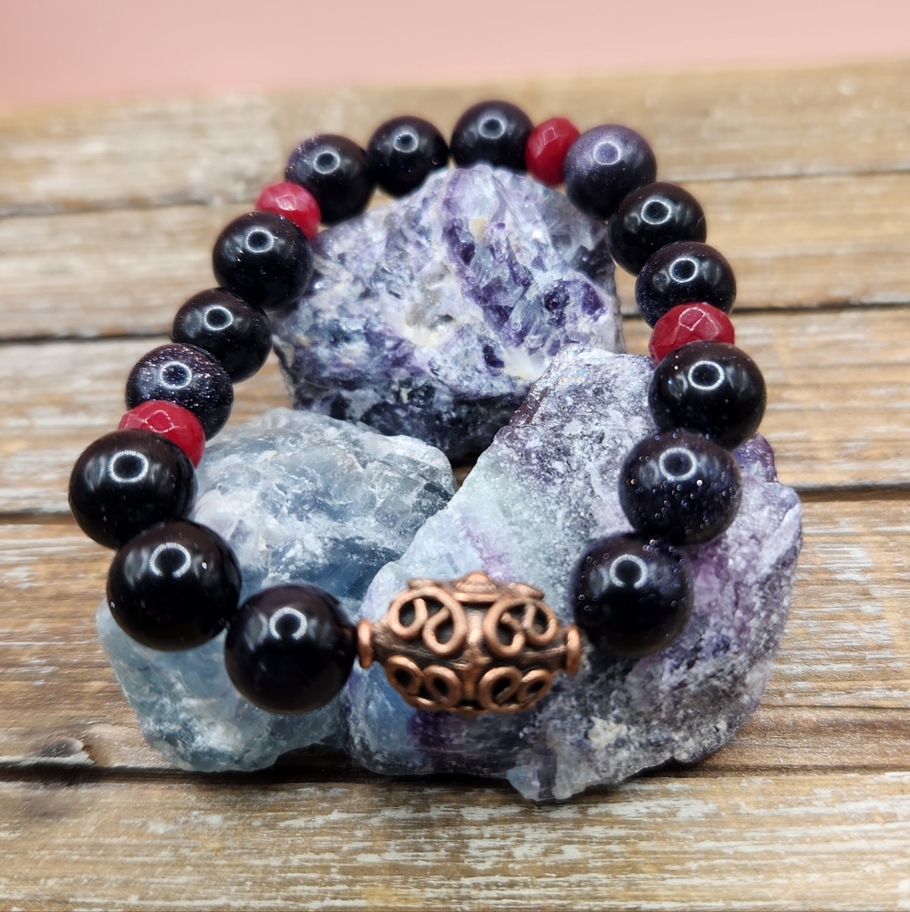 Blue Goldstone, Ruby Red Jade, and Copper Beaded Bracelet